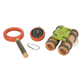 Abenteuer-Rucksack für Natur-Forscher*innen von Smallfoot_Lupe mit Vergrößerungsfunktion, Karabiner, Kompass mit Trageband und Holzfernglas