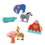 6 stehende Holztiere von Djeco-Steckpuzzle mit Savannen Motiv