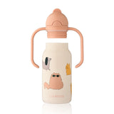 Kimmie Kinder-Trinkflasche von Liewood im Design "Cats and Dogs" mit geöffnetem Deckel