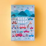 Verpackung von Puzzle Beep Beep! von Londji auf gelbem Hintergrund