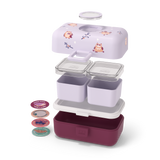 Einzelteile von Bento-Box Lunchbox von monbento in lila mit Eulen