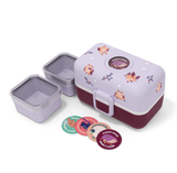Schrägansicht von Bento-Box Lunchbox von monbento in lila mit Eulen