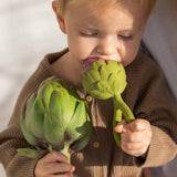 Kind mit Oli & Carol Artischocken Beißring und Rassel sowie echter Artischocke