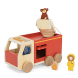 Trixie Feuerwehrauto aus Holz mit Tieren von schräg vorne