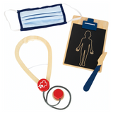 Notarztrucksack mit Holz-Utensilien von Smallfoot_Detailansicht_Klemmbrett mit Körperskizze azf Tafellack, Stethoskop, Skalpell, waschbare Kinderstoffmaske