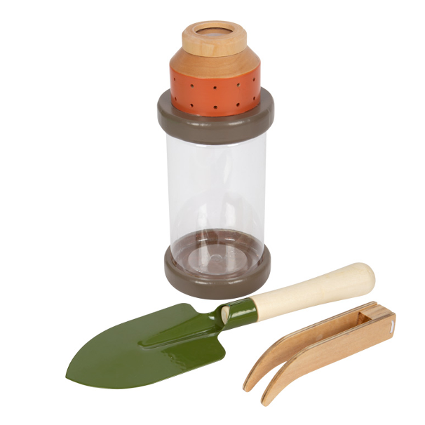 Abenteuer-Rucksack für Natur-Forscher*innen von Smallfoot_Pinzette, Schaufel und Insektenglas mit integrierter Lupe