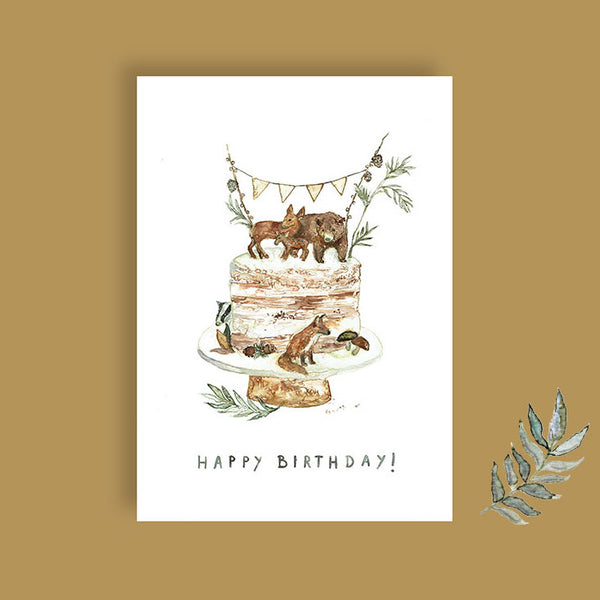 Postkarte "Happy Birthday" mit Waldtiere auf Geburtstagstorte