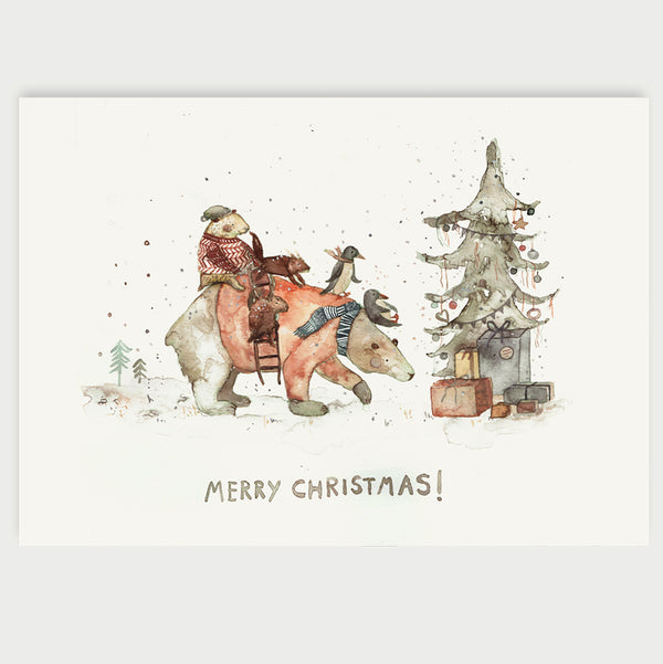 Postkarte mit Bär, weiteren Tieren und Weihnachtsbaum und Spruch "Merry Christmas"
