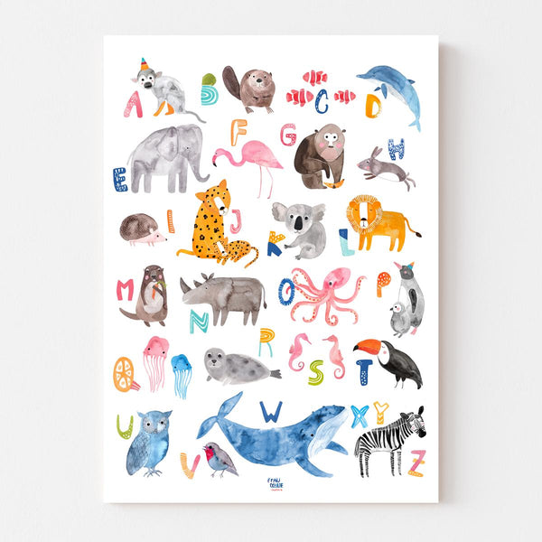 Alphabet-Poster von FRAU OTTILIE mit farbenfrohen Tieren