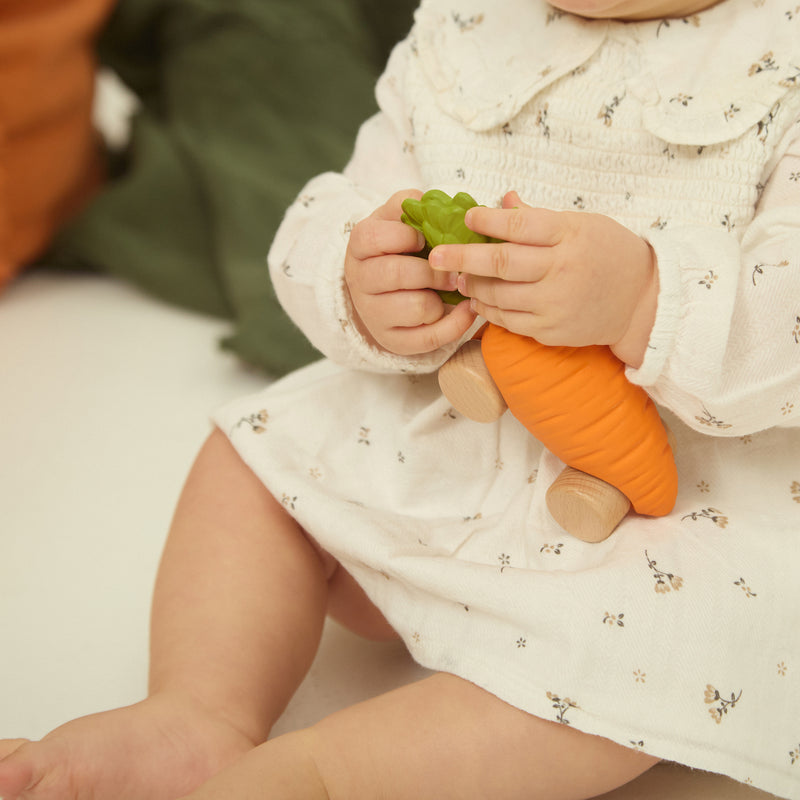 Kind mit Karotten Baby-Spielzeugauto Cathy the Carrot von Oli & Carol in der Hand