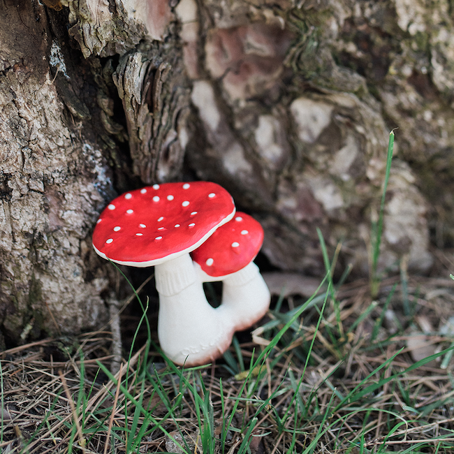 Beißspielzeug Fliegenpilz Spot the Mushroom von Oli & Carol vor Baumstamm stehend