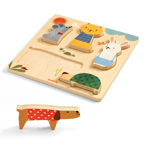 Dackel-Figur vor Holz Setzpuzzle "Woodypets" mit 5 süßen Haustieren von Djeco