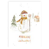 Weihnachtskarte mit Schneemann und Spruch "Fröhliche Weihnachten"