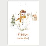 Weihnachtskarte mit Schneemann und Spruch "Fröhliche Weihnachten" auf grauem Hintergrund