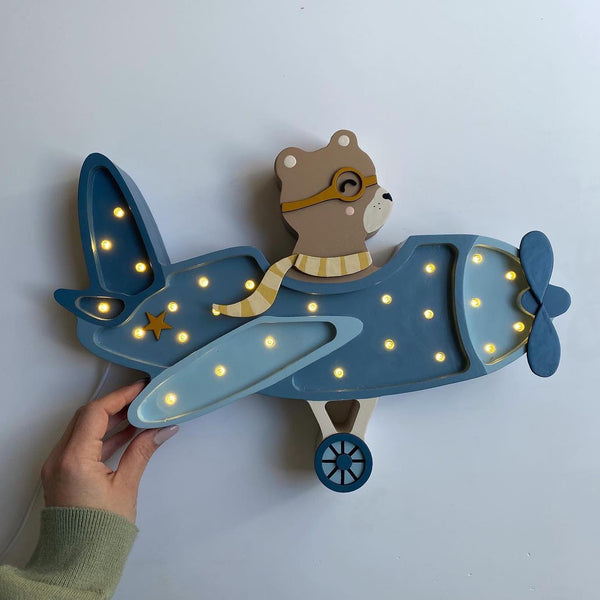 Kinderlampe Vintage Flugzeug von Little Lights in Demin Blue an Wand