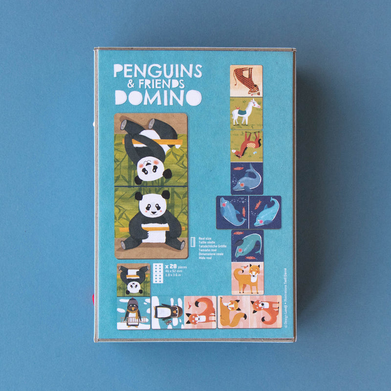 Verpackungs-Rückseite von Domino "Penguins & Friends" von Londji