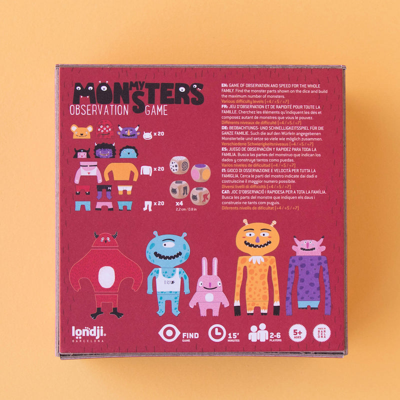 Rückseite der Verpackung von Beobachtungs und Reaktionsspiel "My Monsters" von Londji