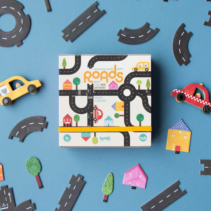 Verpackung und Inhalt von Pocket-Puzzle Roads von Londji