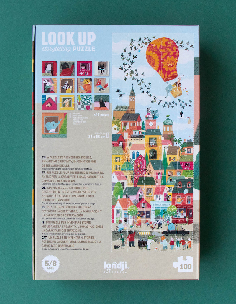 Rückseite Verpackung vom Storytelling-Puzzle "Look up" von Londji