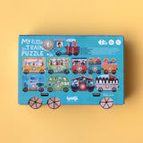 Rückseite der Verpackung von Londji Puzzle "My little train" mit 10 kleinen Puzzeln