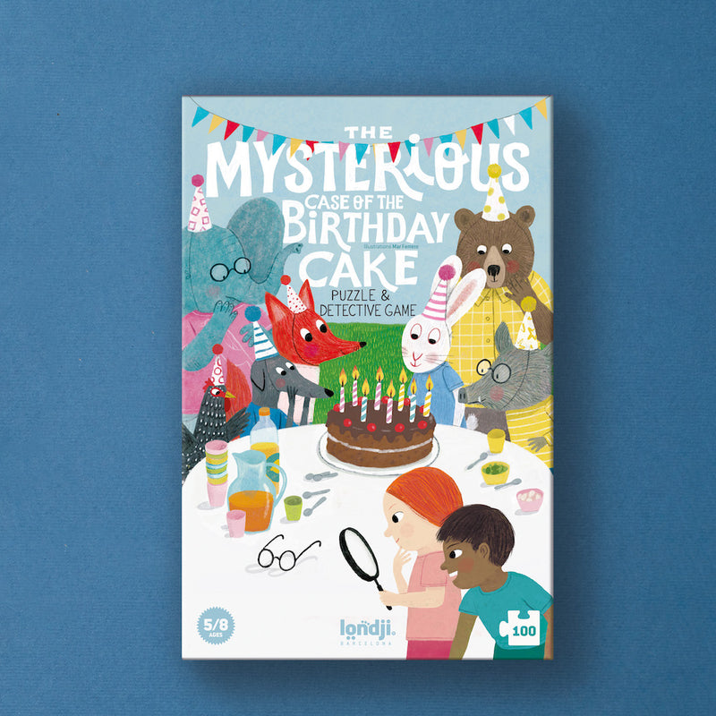 Verpackung von Londji Puzzle und Deektivspiel "The mysterious case of the birthday cake"