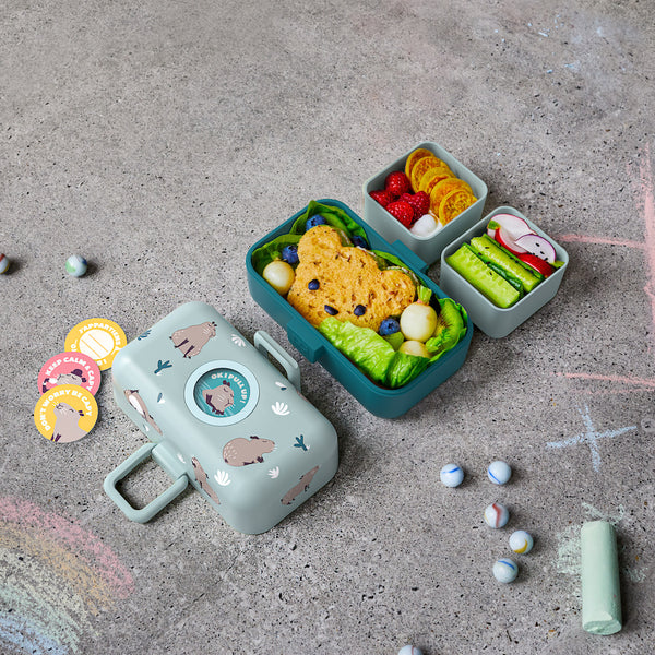 Türkise Bento-Box Lunchbox von monbento mit Wasserschwein-Motiv mit Essen befüllt