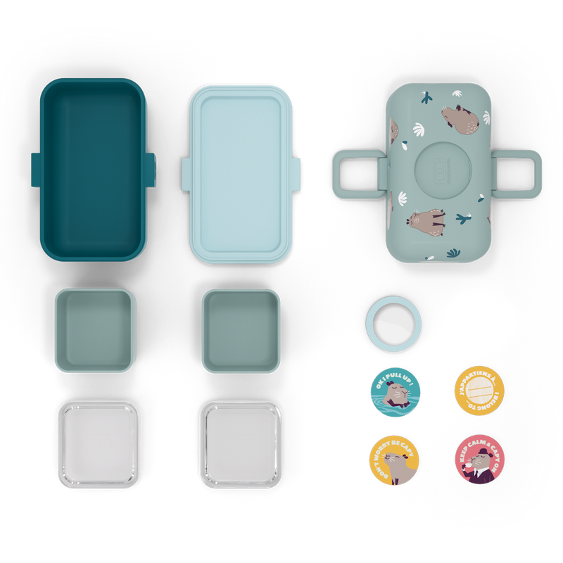 Einzelteile von Türkise Bento-Box Lunchbox von monbento mit Wasserschwein-Motiv