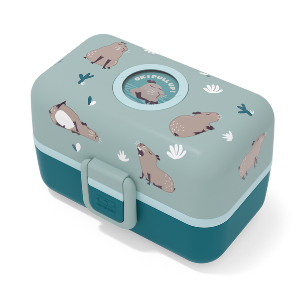Türkise Bento-Box Lunchbox von monbento mit Wasserschwein-Motiv