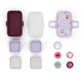 Einzelteile von Bento-Box Lunchbox von monbento in lila mit Eulen
