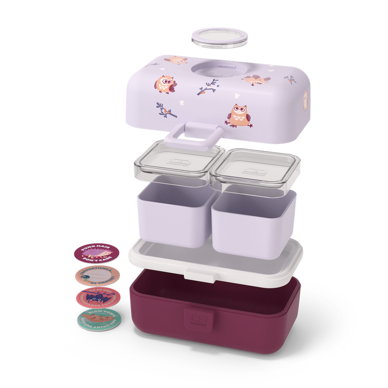 Einzelteile von Bento-Box Lunchbox von monbento in lila mit Eulen