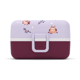 Seitenansicht Bento-Box Lunchbox von monbento in lila mit Eulen