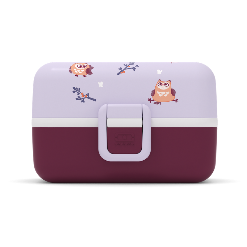 Seitenansicht Bento-Box Lunchbox von monbento in lila mit Eulen