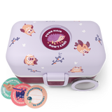Nahaufnahme von Bento-Box Lunchbox von monbento in lila mit Eulen