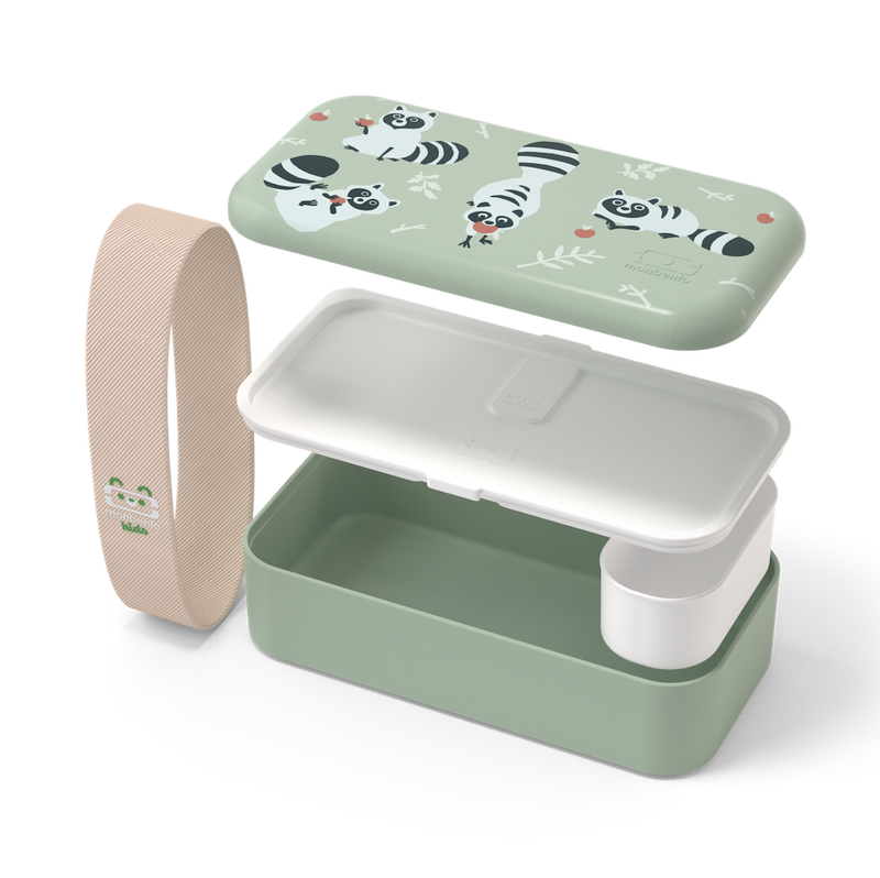 Einzelteile von Montento Lunchbox mit Waschbärenmotiv in minzgrün