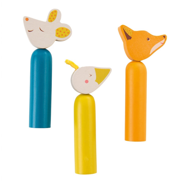 Drei Holztiere des Pop-up Spielzeugs "Le Voyage d'Olga" Moulin Roty