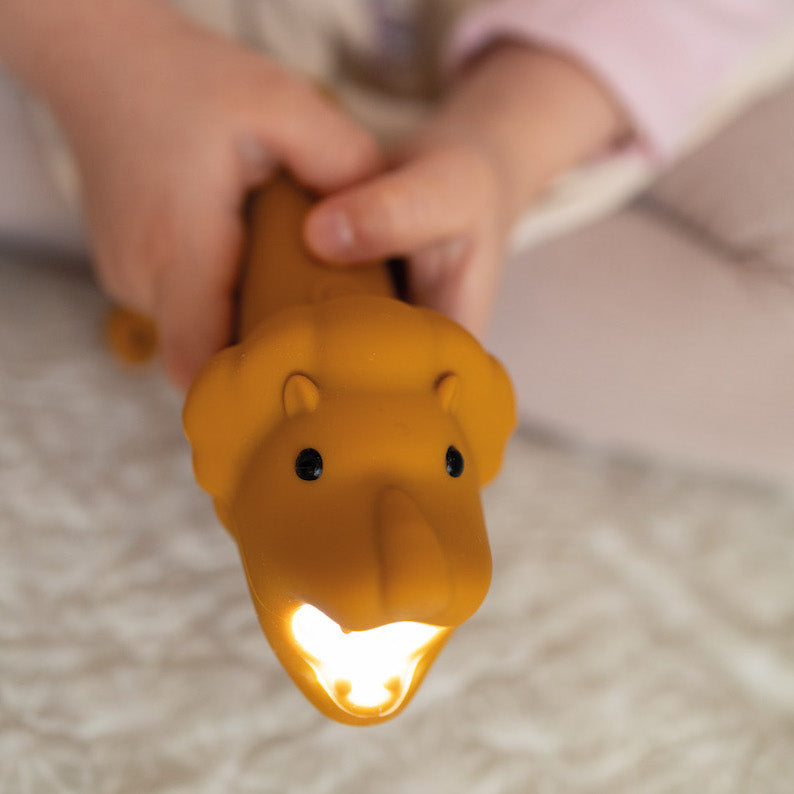 Kind leuchtet mit Löwen-Taschenlampe von Rabbit & Friends