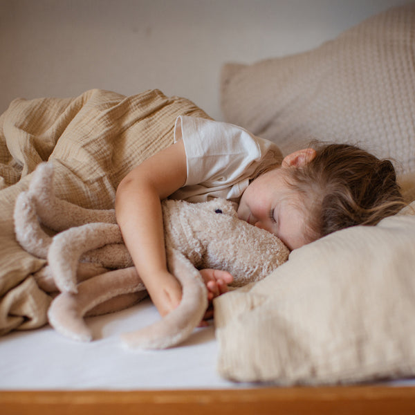 Kind schläft in Bett mit kleinem Oktopus Kuscheltier & Wärmekissen von Senger Naturwelt
