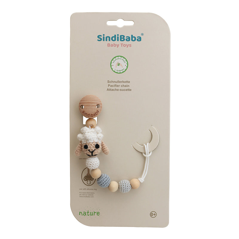 Schnullerkette Schaf Dolly von Sindibaba in Verpackung