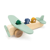 Schrägansicht von Holzflugzeug von Trixie mit 3 Tieren