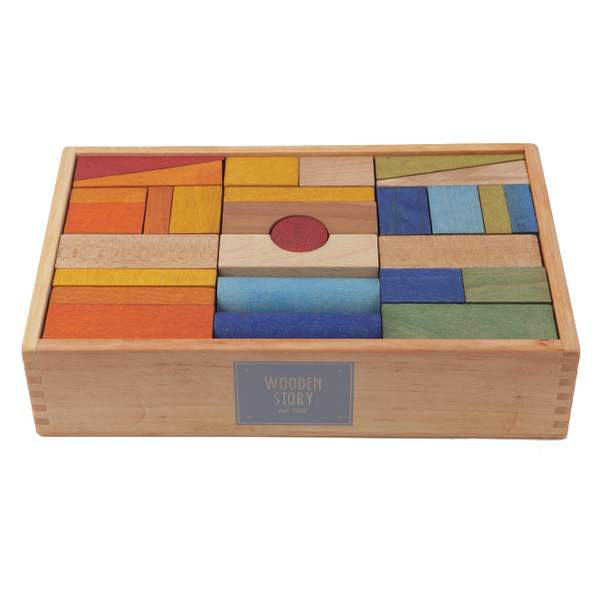 Wooden Story Set mit 63 XL Bauklötzen in Regenbogenfarbe in edler Holzbox