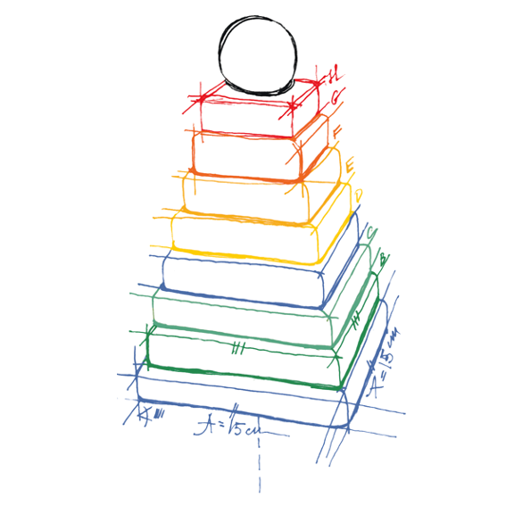 Skizze von Pyramiden Stapelturm in Regenbogenfarben von Wooden Story in Pyramidenform