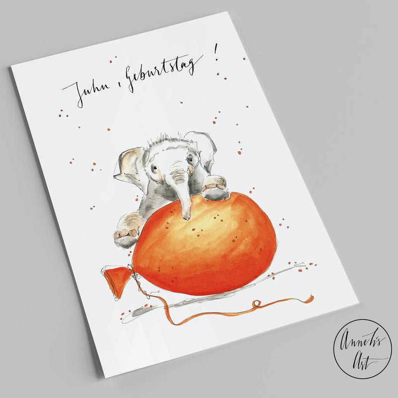 Postkarte_Elefant mit Ballon "Juhu, Geburtstag!" von Annelis Art_Geburtstagskarte