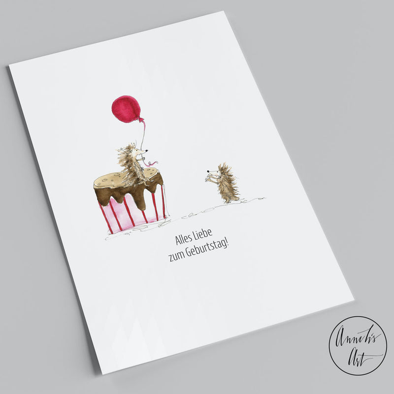 Postkarte Igel und Torte "Alles Liebe zum Geburtstag" von Annelis Art_Geburtstagskarte