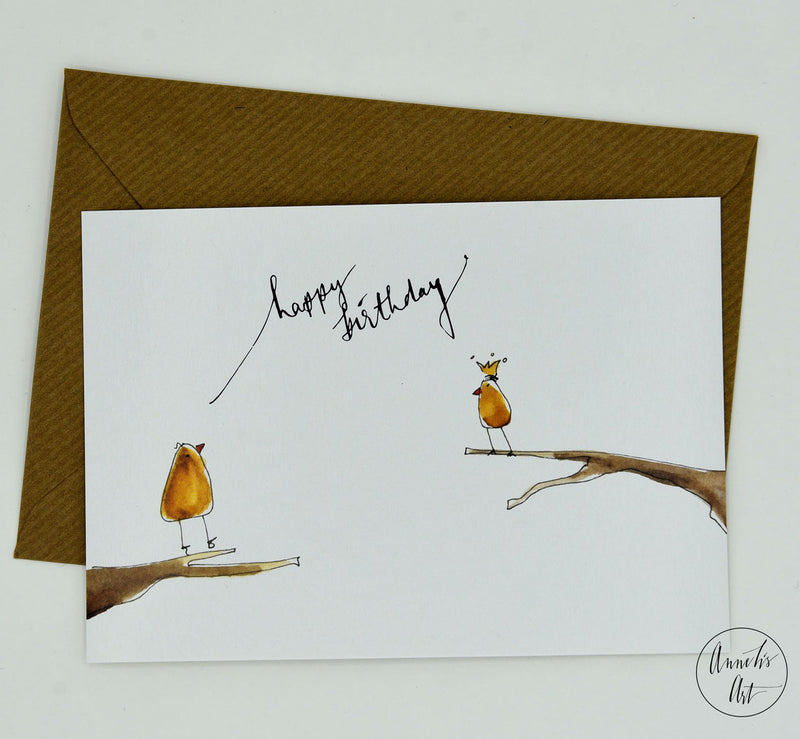 Postkarte Vögel "happy birthday" von Annelis Art_Geburtstagskarte_Ansicht von vorne mit Briefumschlag