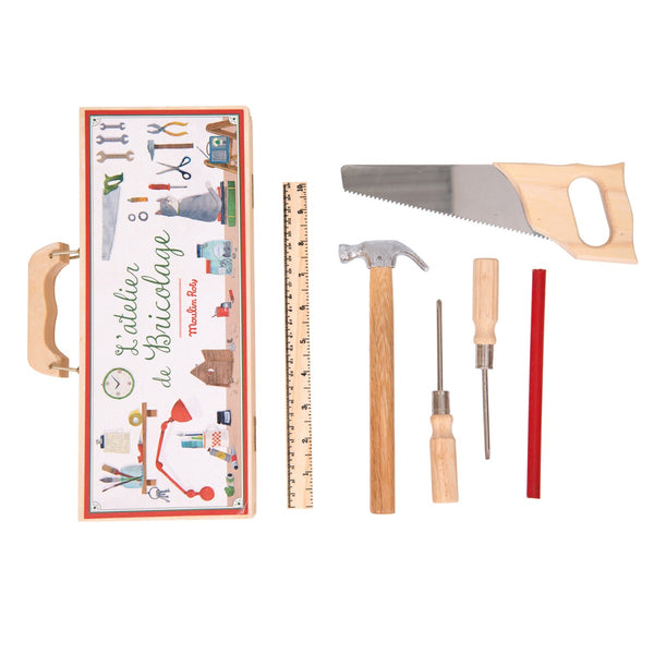 Werkzeugkasten aus Holz mit 6 Werkzeugen für Kinder von Moulin Roty_Inhalt samt Verpackung