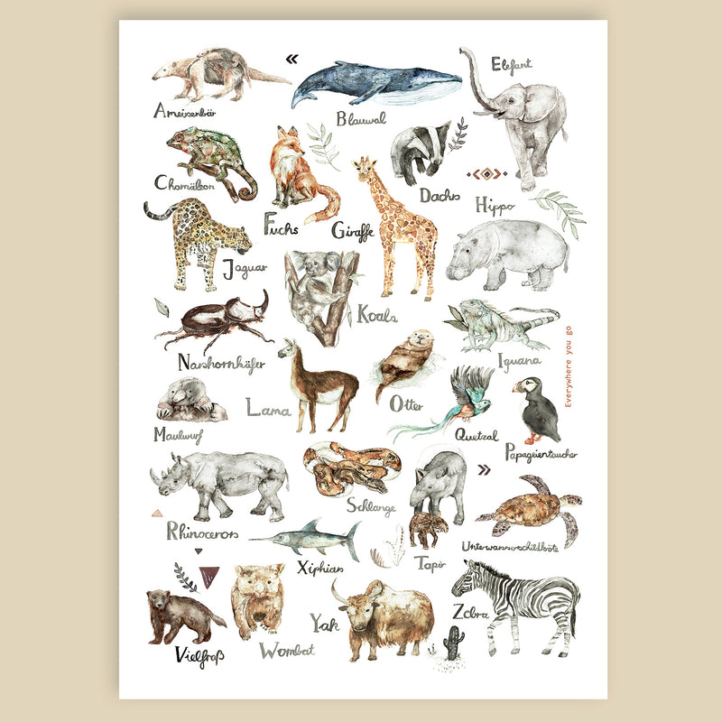 Poster Tieralphabet mit Aquarell-Artprint von Everywhere You Go
