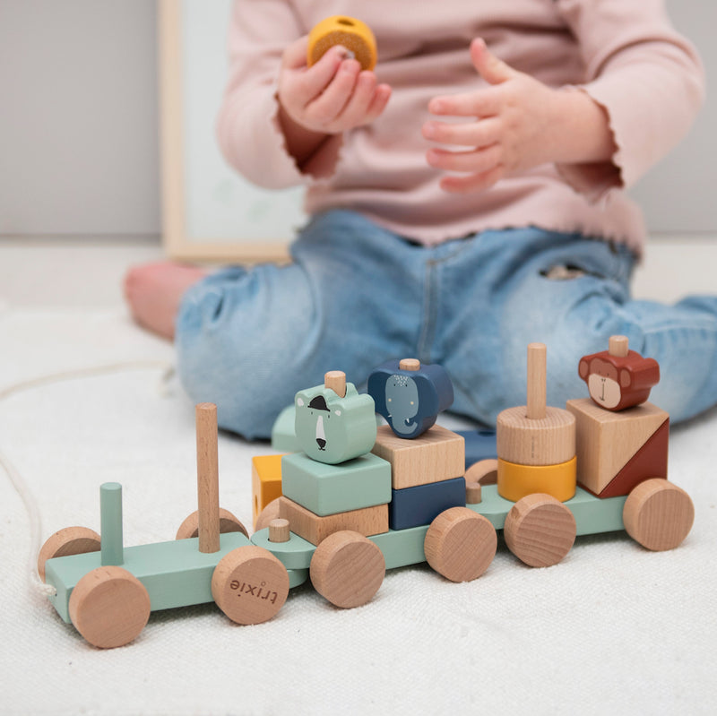 Holzeisenbahn mit Tieren von Trixie_19-teilig_Detailbild mit Kind_2