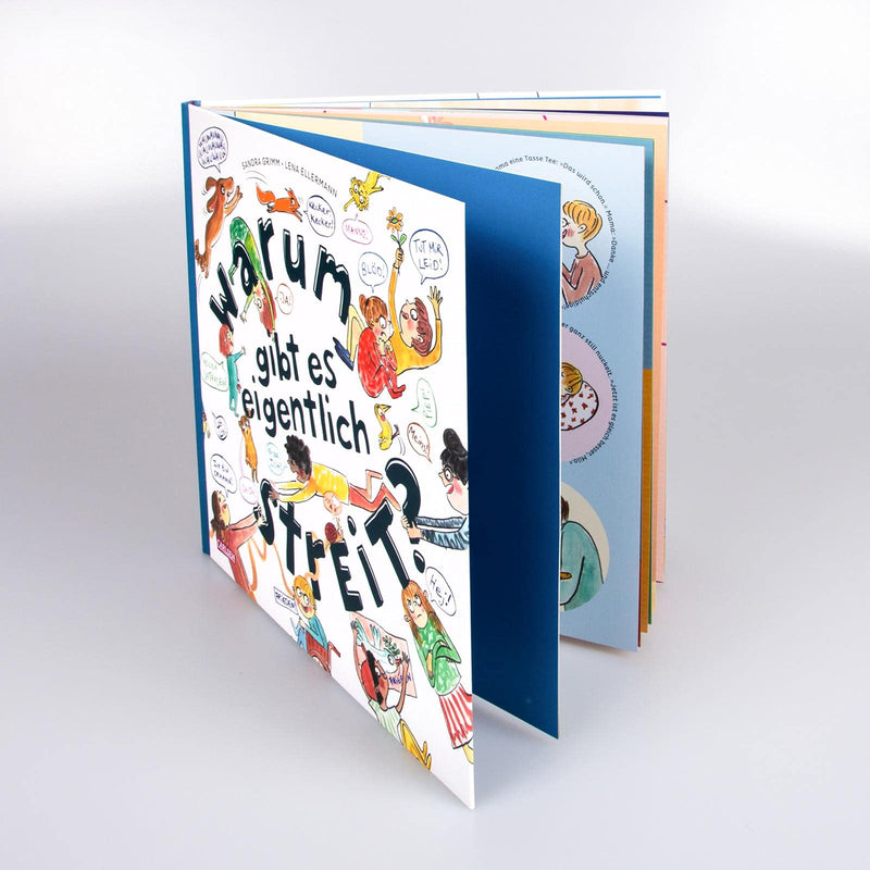 Kindersachbuch "Warum gibt es eigentlich Streit?" von Sandra Grimm und Lena Ellermann_Carlsen Verlag_Buch aufgefächert